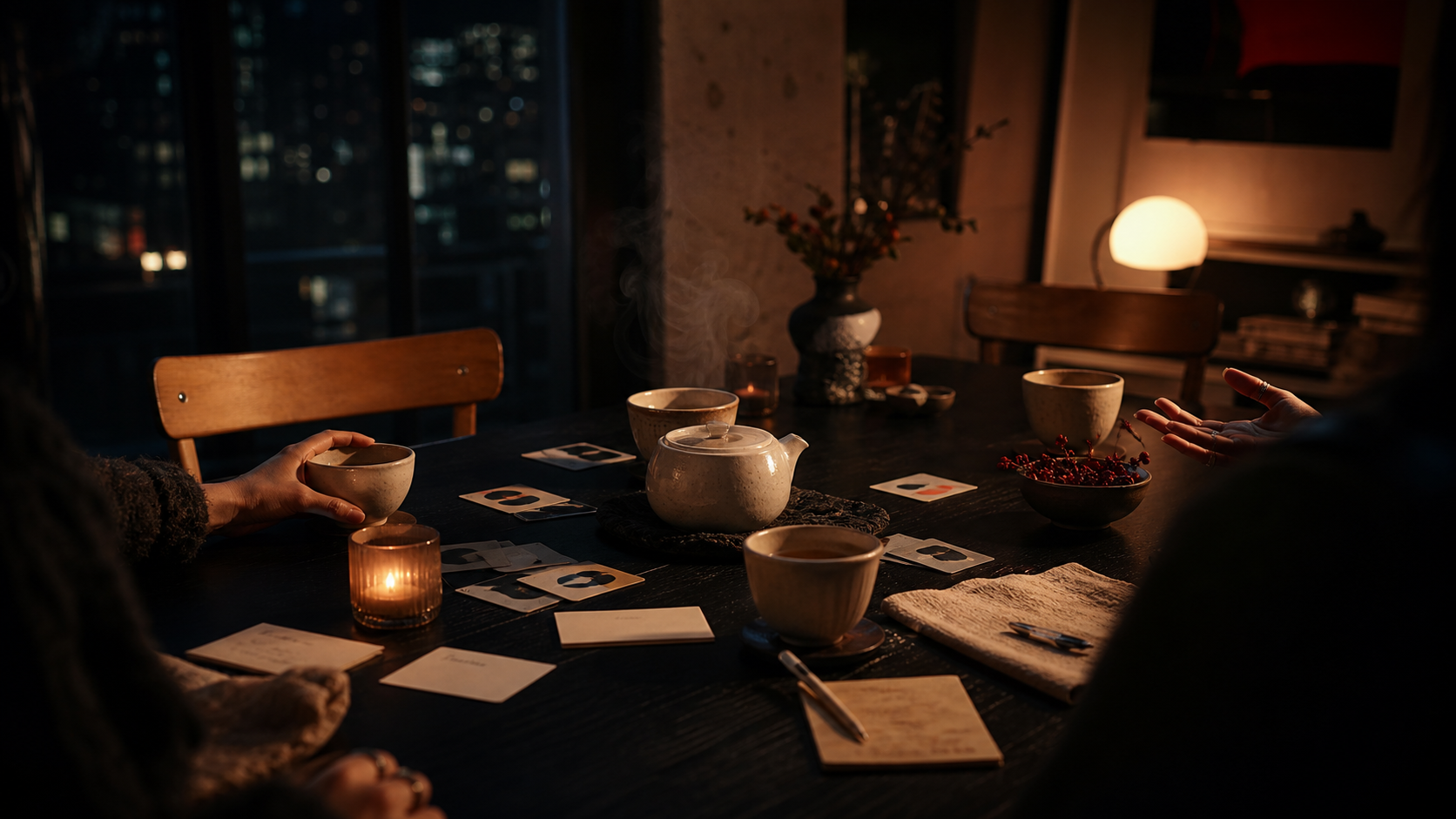 A warm evening table with tea cups, cards and people in conversation around the edges.