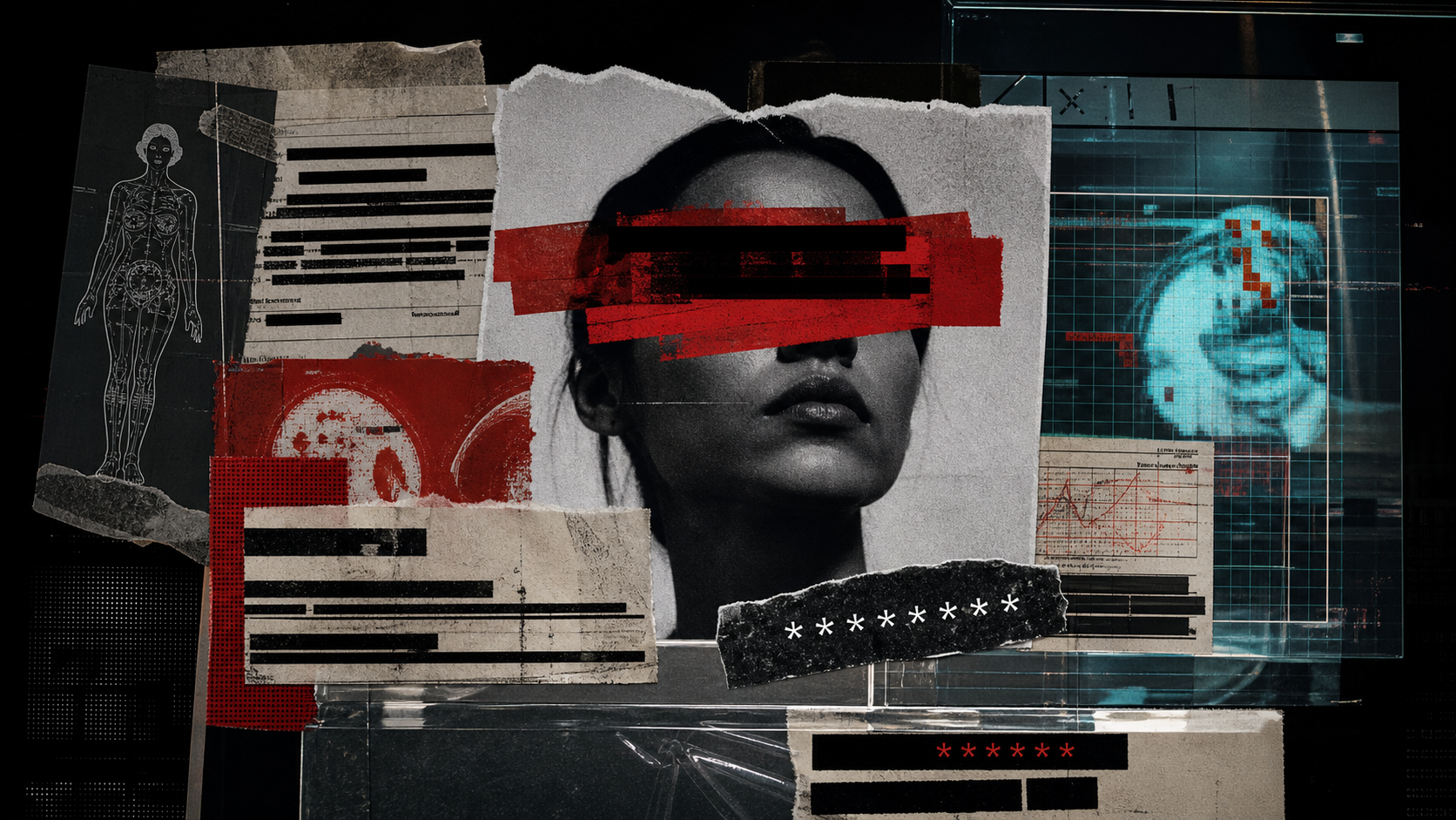 A redacted mixed-media poster with coded symbols, medical imagery and digital screen layers.
